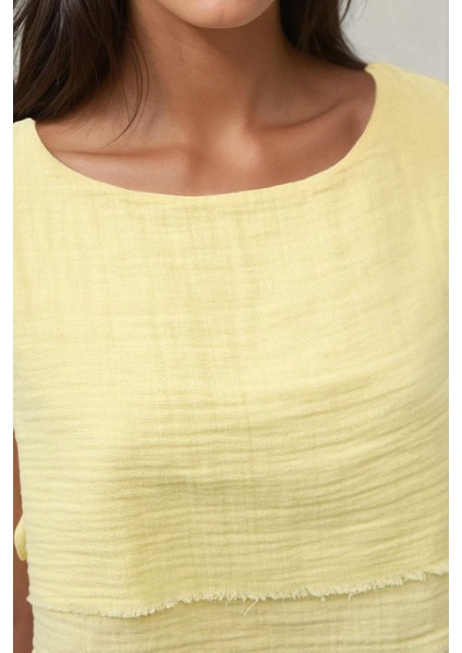 Kadın Beli Lastikli Etek-Yandan Bağlama Detaylı Bluz Müslin Takım Yellow fırsatları