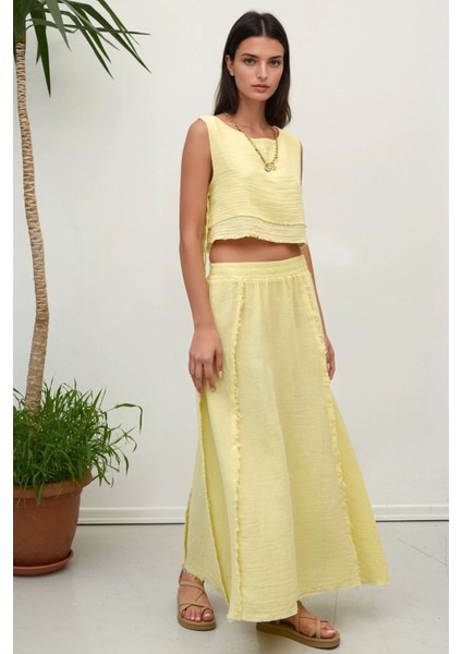 Kadın Beli Lastikli Etek-Yandan Bağlama Detaylı Bluz Müslin Takım Yellow indirimleri