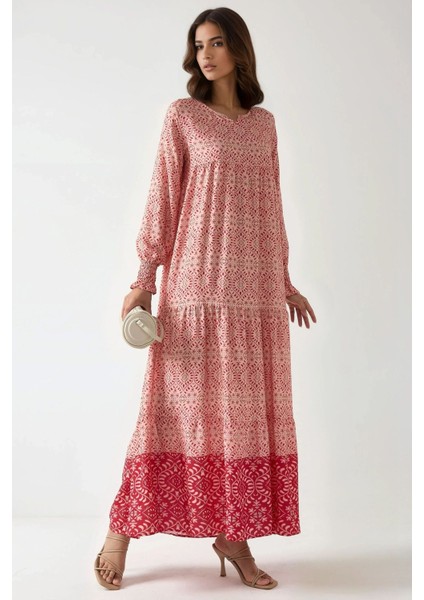 Kadın Baskılı Viskon Modest Elbise Pink