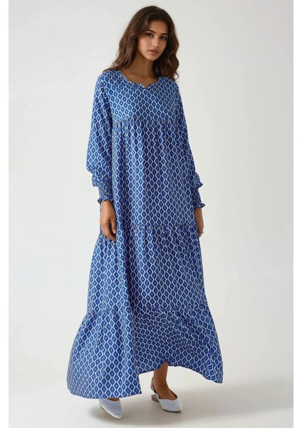 Kadın Desenli Yuvarlak Yaka Viskon Modest Elbise Blue fiyatları