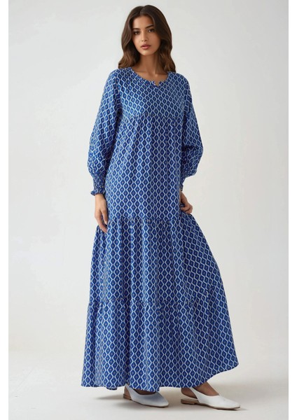 Kadın Desenli Yuvarlak Yaka Viskon Modest Elbise Blue fırsatları