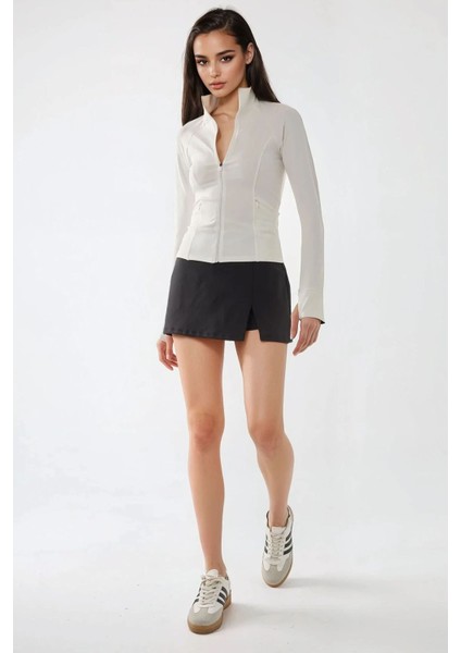 Kadın Dar Kesim Örme Dik Yaka Fermuarlı Aktif Üst Beyaz fiyatları