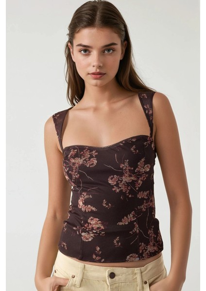 Kadın Kalp Yaka Arkası Gipeli Askılı Tül Bluz Mocha Kahvesi