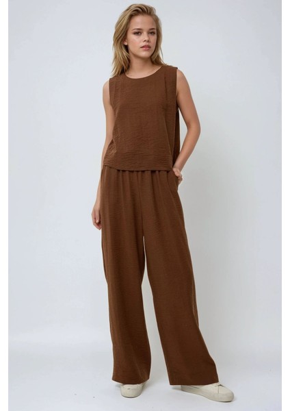Kadın Keten Görünümlü Bluz & Beli Lastikli Pantolon İkili Takım Deve Kahvesi fiyatları