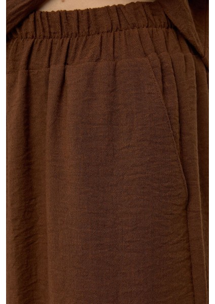 Kadın Keten Görünümlü Bluz & Beli Lastikli Pantolon İkili Takım Deve Kahvesi fırsatları