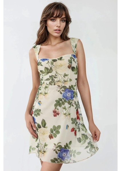 Kadın Kalp Yaka Puantiyeli Mini Tül Elbise Natural