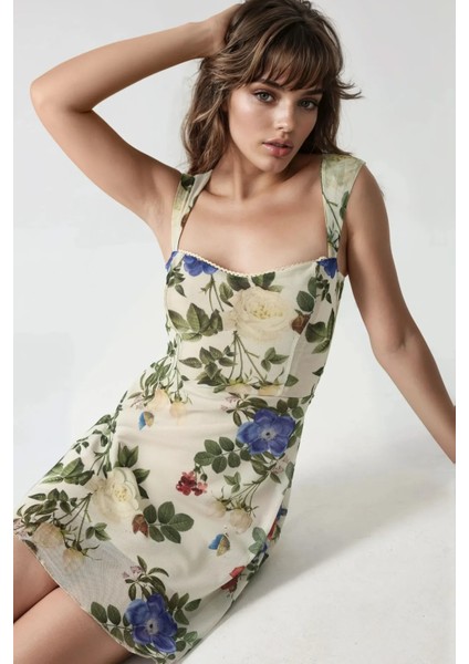 Kadın Kalp Yaka Puantiyeli Mini Tül Elbise Natural fiyatları