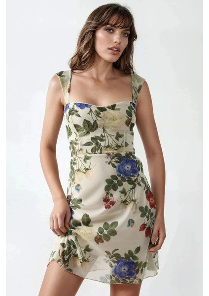 Kadın Kalp Yaka Puantiyeli Mini Tül Elbise Natural fırsatları