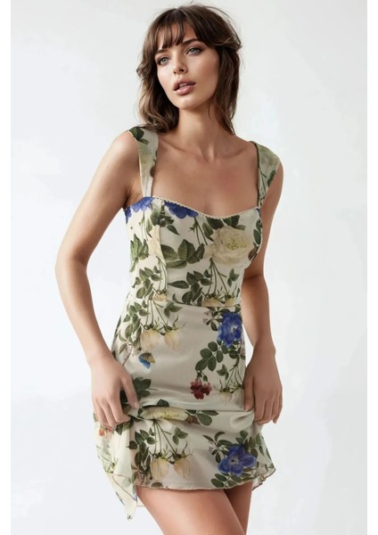 Kadın Kalp Yaka Puantiyeli Mini Tül Elbise Natural