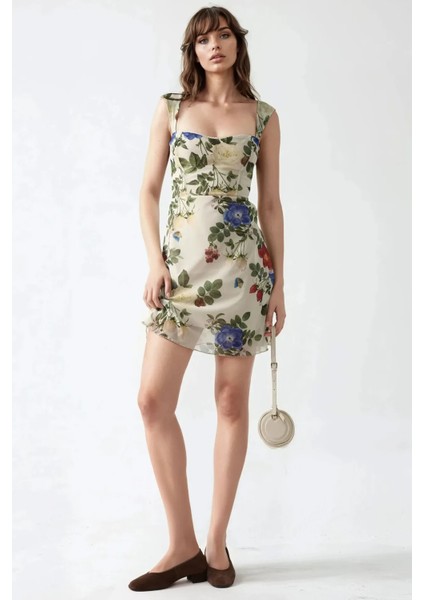 Kadın Kalp Yaka Puantiyeli Mini Tül Elbise Natural