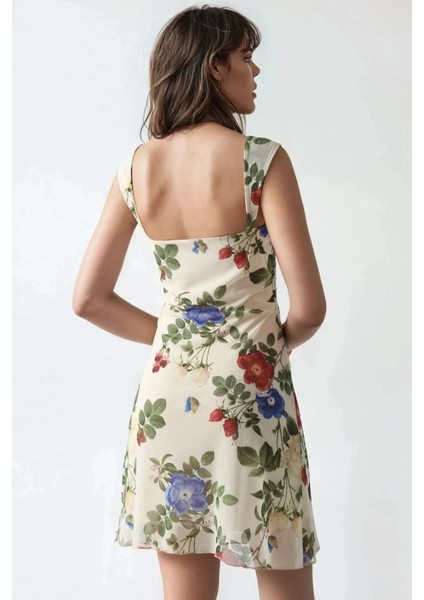 Kadın Kalp Yaka Puantiyeli Mini Tül Elbise Natural