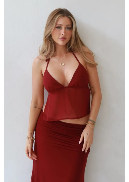 Kadın Gabrielle Derin V-Yaka Bluz Red