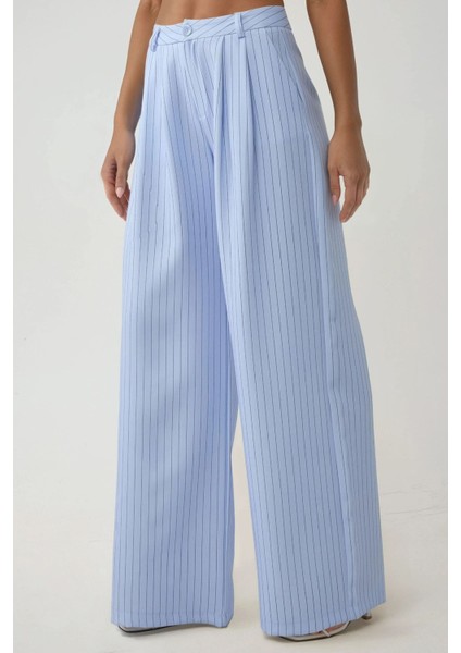 Kadın Pika Koleksiyonu Yüksek Bel Çizgili Geniş Paça Pantolon Blue