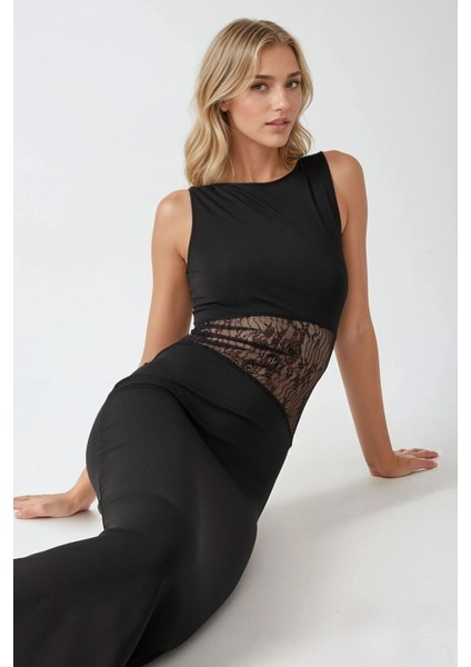 Kadın Dantel Detaylı, Yuvarlak Yaka Bodycon Şık Maxi Elbise Black