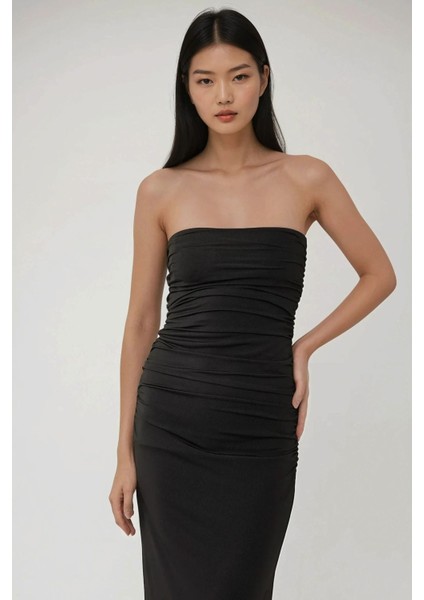 Kadın Straplez Yanları Drapeli Bodycon Maxi Elbise Siyah fiyatları