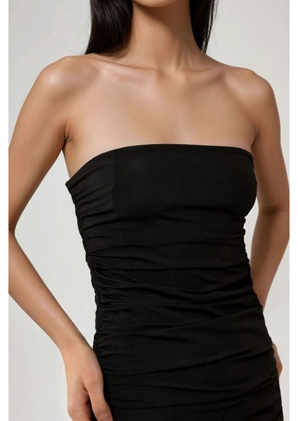 Kadın Straplez Yanları Drapeli Bodycon Maxi Elbise Siyah modelleri