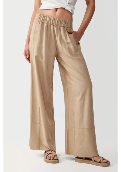 Kadın Geniş Paça Lastikli Pantolon Natural