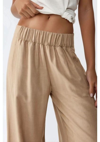 Kadın Geniş Paça Lastikli Pantolon Natural fırsatları