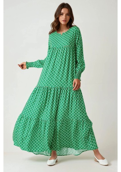 Kadın Desenli Yuvarlak Yaka Viskon Modest Elbise Green modelleri