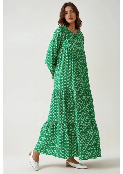 Kadın Desenli Yuvarlak Yaka Viskon Modest Elbise Green fırsatları