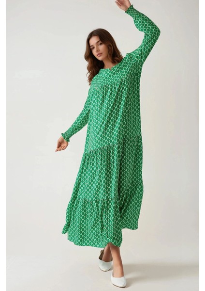 Kadın Desenli Yuvarlak Yaka Viskon Modest Elbise Green indirimleri