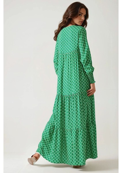 Kadın Desenli Yuvarlak Yaka Viskon Modest Elbise Green