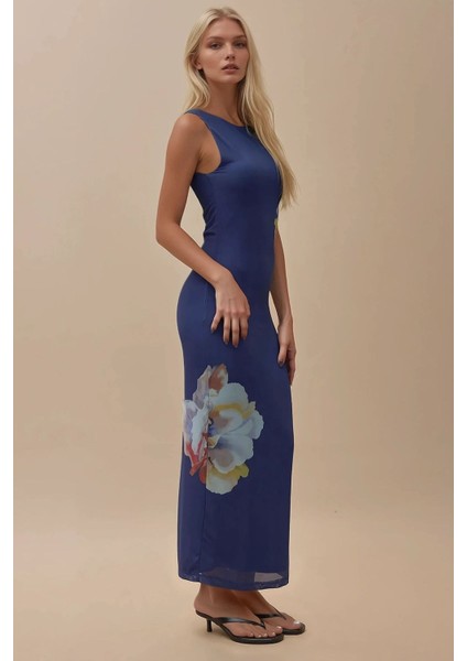 Kadın Çiçek Desenli Bisiklet Yaka Bodycon Uzun Elbise Blue fiyatları