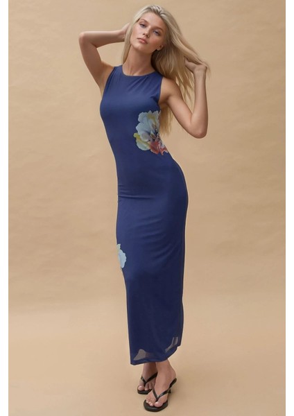 Kadın Çiçek Desenli Bisiklet Yaka Bodycon Uzun Elbise Blue modelleri