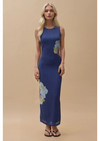 Kadın Çiçek Desenli Bisiklet Yaka Bodycon Uzun Elbise Blue indirimleri
