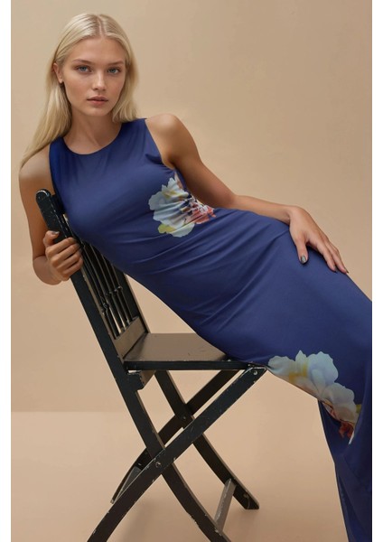 Kadın Çiçek Desenli Bisiklet Yaka Bodycon Uzun Elbise Blue