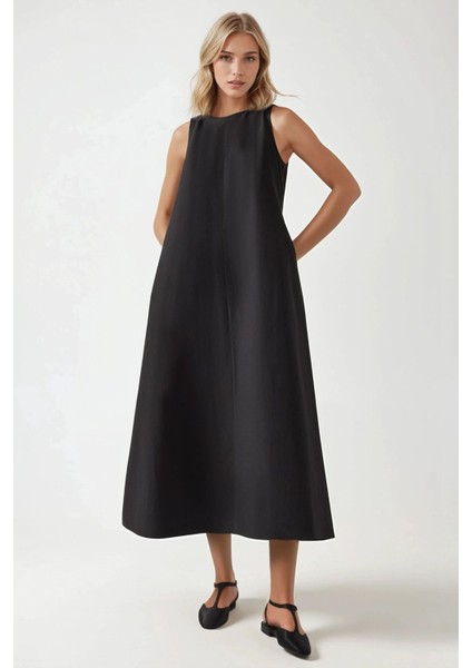 Kadın Mixray Collection Bisiklet yaka, kolsuz A-Form Maxi Elbise Black