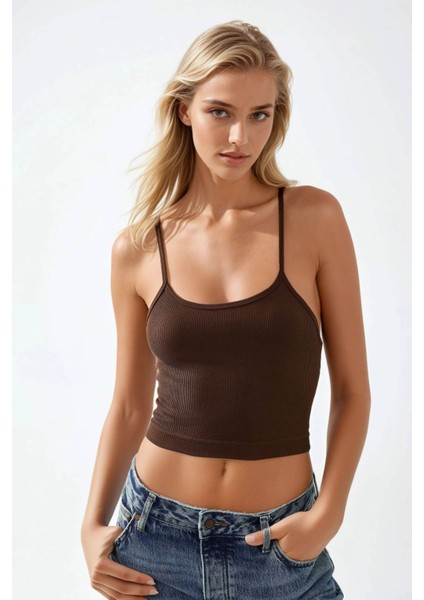 Kadın Fitted Crew Yaka Basic Tank Top Brown