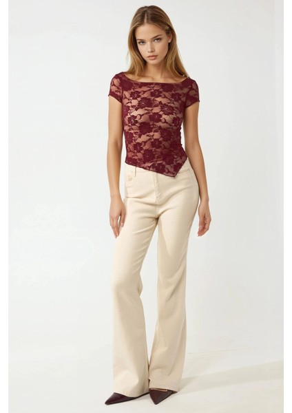 Kadın Çiçekli Dantel Kısa Üst Pika Koleksiyonu Bordo Kırmızı modelleri