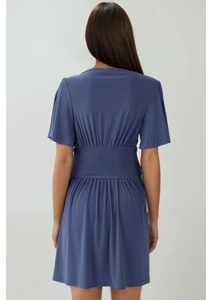 Kadın V Yaka Kısa Kol Büzgülü Mini Elbise Oxford Mavisi modelleri