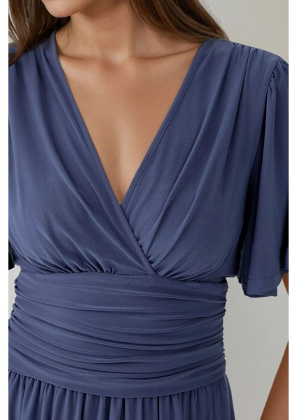 Kadın V Yaka Kısa Kol Büzgülü Mini Elbise Oxford Mavisi fırsatları