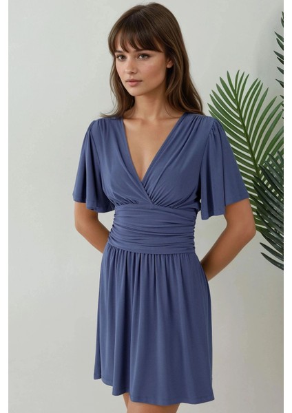 Kadın V Yaka Kısa Kol Büzgülü Mini Elbise Oxford Mavisi indirimleri
