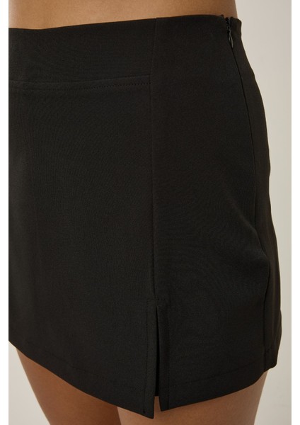 Kadın Çift Yırtmaçlı Yüksek Bel Mini Şort Etek Black