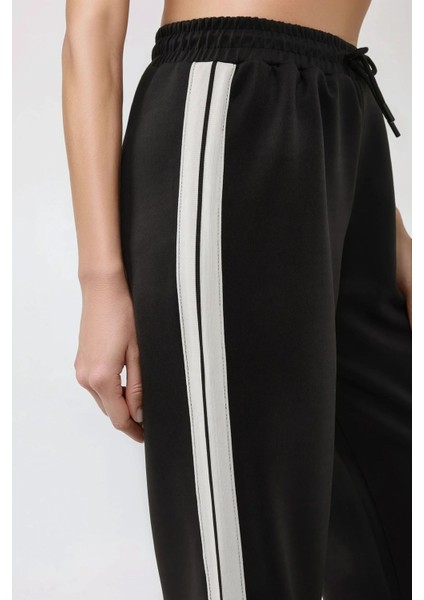 Kadın Wide Leg Çizgili Örme Eşofman Altı Black