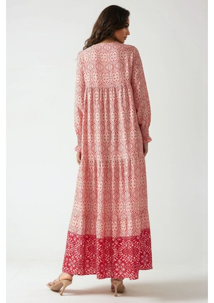 Kadın Baskılı Viskon Modest Elbise Pink