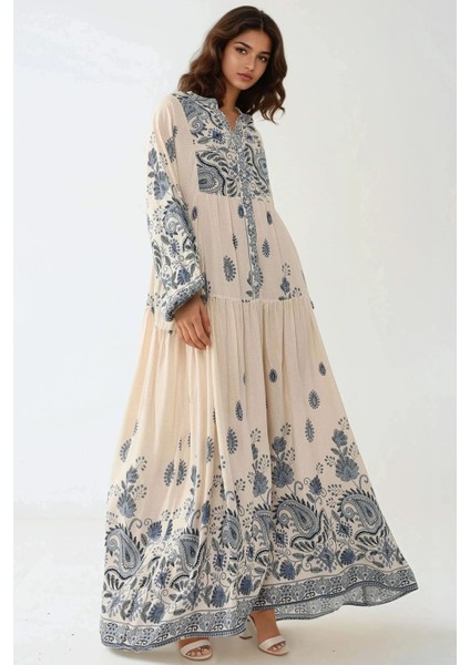 Kadın Düğme Detaylı Baskılı V Yaka Uzun Elbise Lacivert