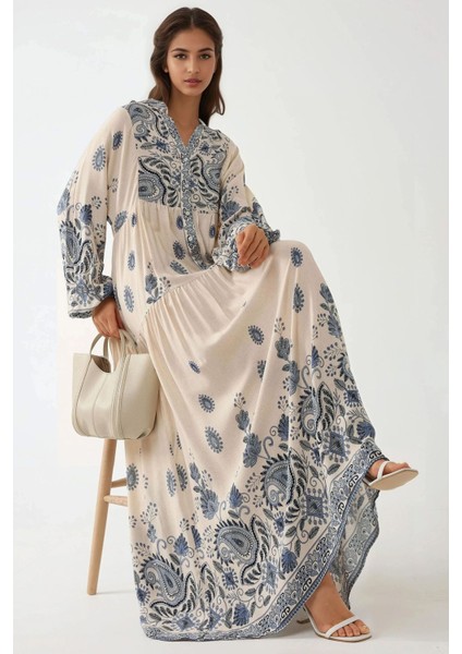 Kadın Düğme Detaylı Baskılı V Yaka Uzun Elbise Lacivert fiyatları