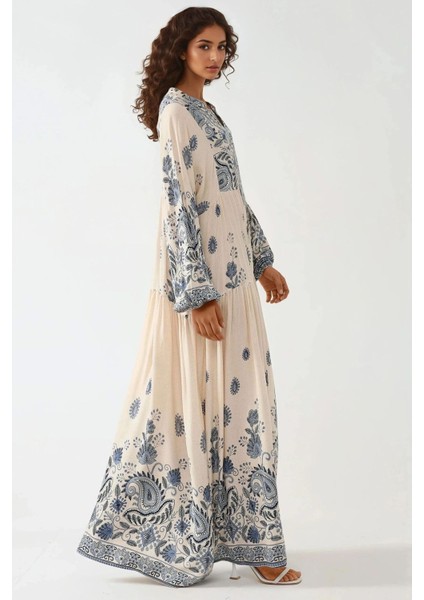 Kadın Düğme Detaylı Baskılı V Yaka Uzun Elbise Lacivert modelleri