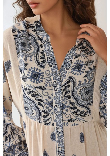 Kadın Düğme Detaylı Baskılı V Yaka Uzun Elbise Lacivert fırsatları