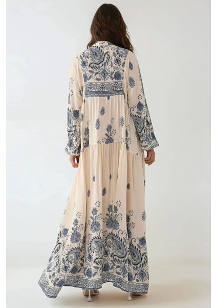 Kadın Düğme Detaylı Baskılı V Yaka Uzun Elbise Lacivert indirimleri