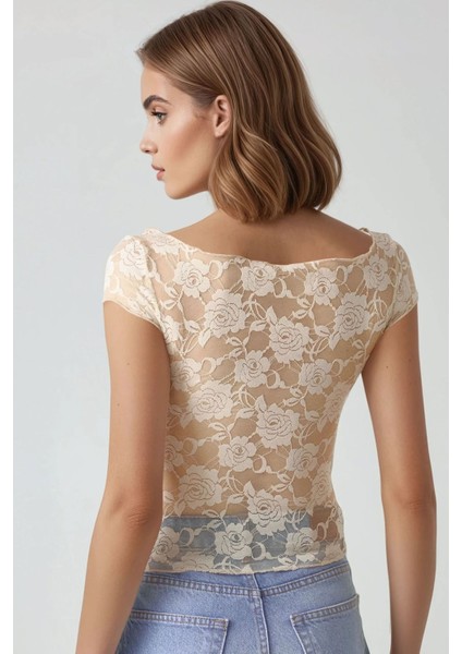 Kadın Çiçekli Dantel Kısa Üst Pika Koleksiyonu Fildişi Doğal fırsatları