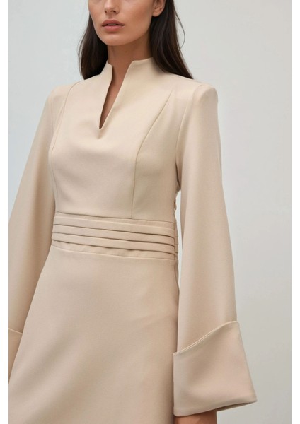 Kadın Şık V Yaka Uzun Kollu Mini Elbise Fildişi Doğal fiyatları