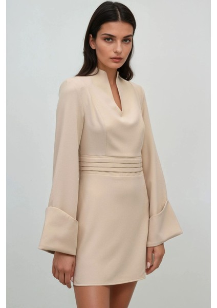 Kadın Şık V Yaka Uzun Kollu Mini Elbise Fildişi Doğal