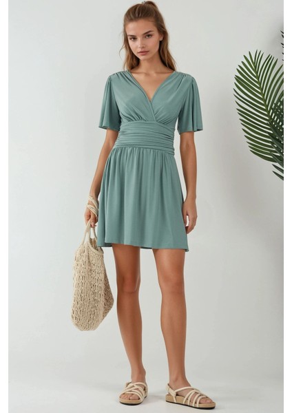 Kadın V Yaka Kısa Kol Büzgülü Mini Elbise Adaçayı Yeşili fiyatları