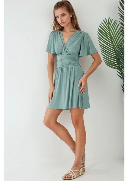 Kadın V Yaka Kısa Kol Büzgülü Mini Elbise Adaçayı Yeşili