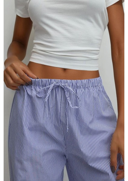 Kadın Beli Lastikli Çizgili Pamuklu Pijama Altı Bebek Mavisi fırsatları